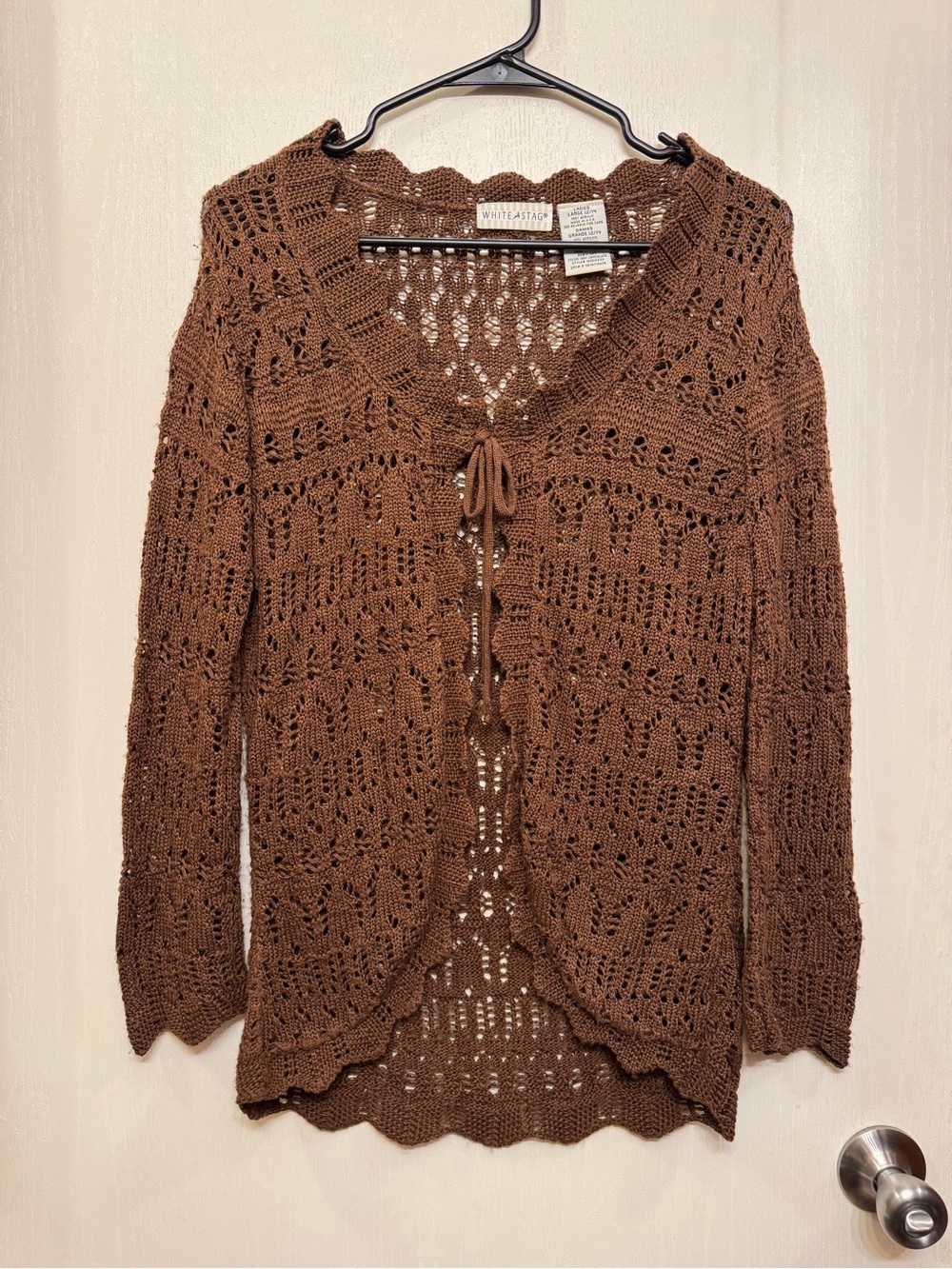 Vintage White Stag Brown Crochet Tie Front Cardigan L 12/14 Made USA